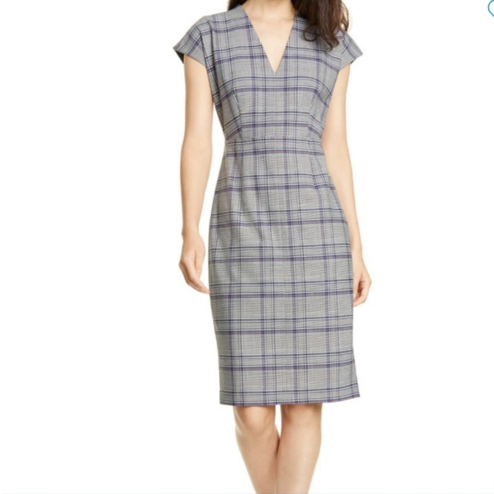 Lewit Glen Plaid Sheath Dress, Navy/Ivory/Lilac, Size 14, NWT